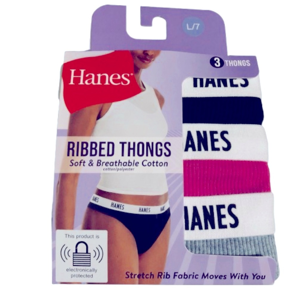 NEW HANES Thongs Underwear 3-Pack Ribbed Cotton Large Black Pink Gray Women’s